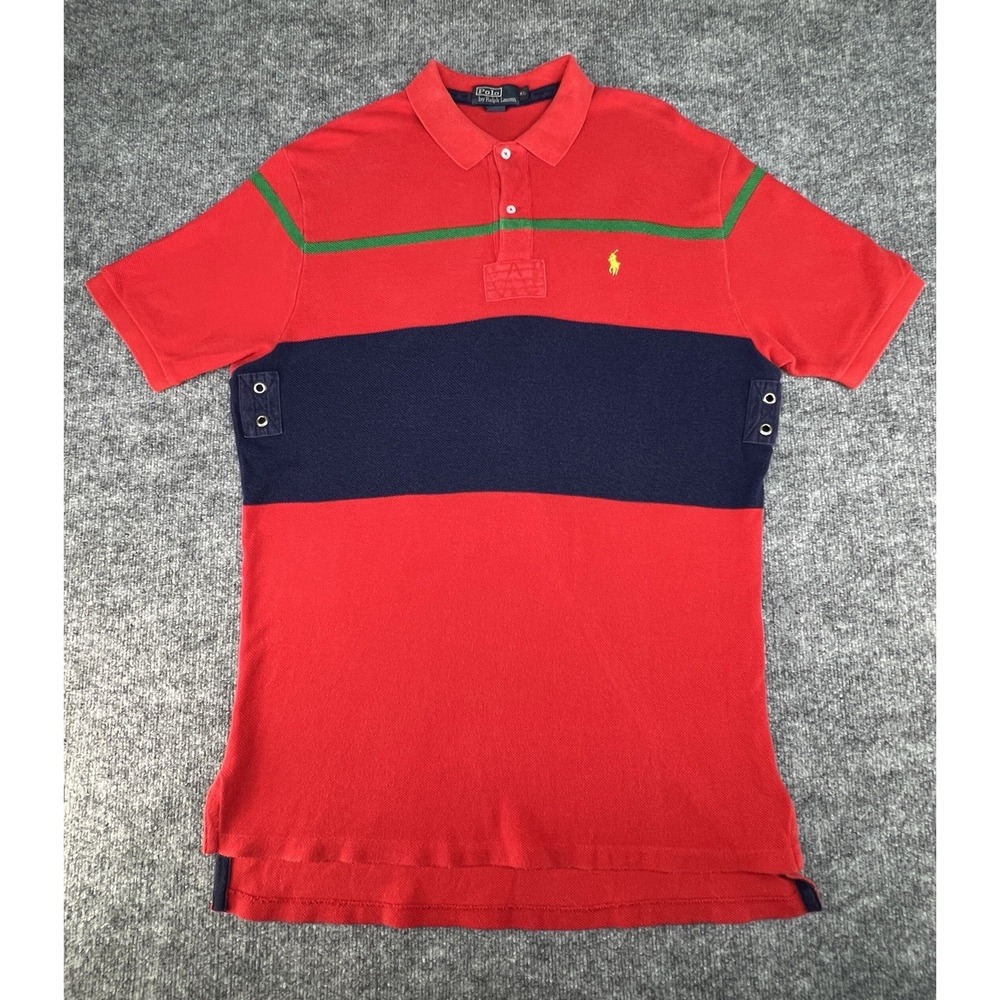 Vintage Polo Ralph Lauren French Terry Rugby Striped Red Collard Shirt Size XL